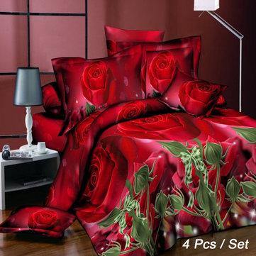 4Pcs 3D Rose Printed Bedding Sets Quilt Cover Bed Sheet Pillowcases Duvet Cover - MRSLM