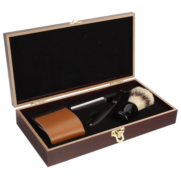 Barber Shaving Kit Set Straight Razor Shaving Brush Strop Wooden Box - MRSLM