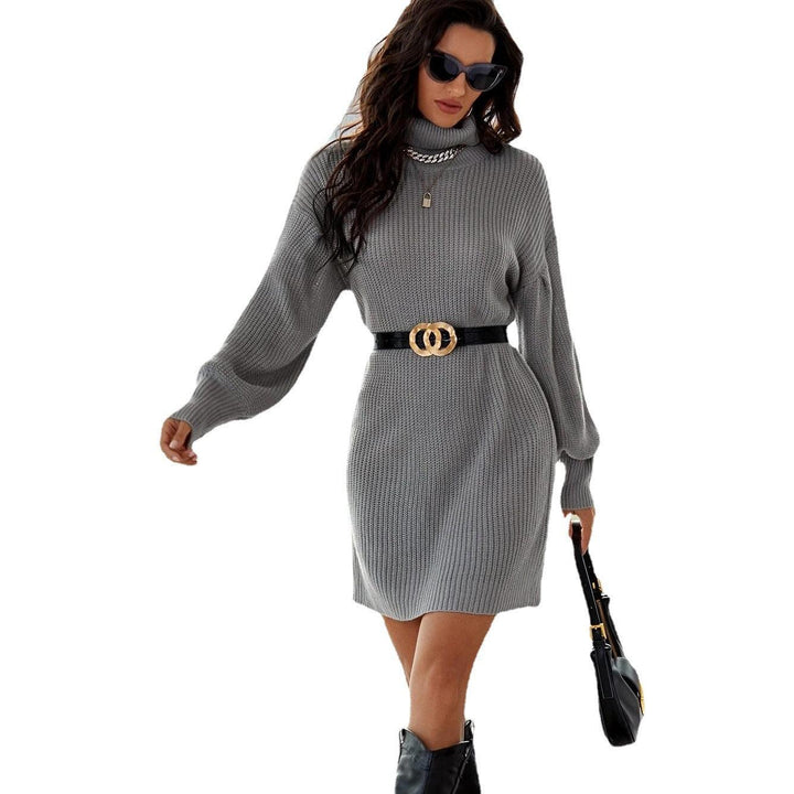 Solid Color Mid-length Dress High Neck Pullover Waist - MRSLM