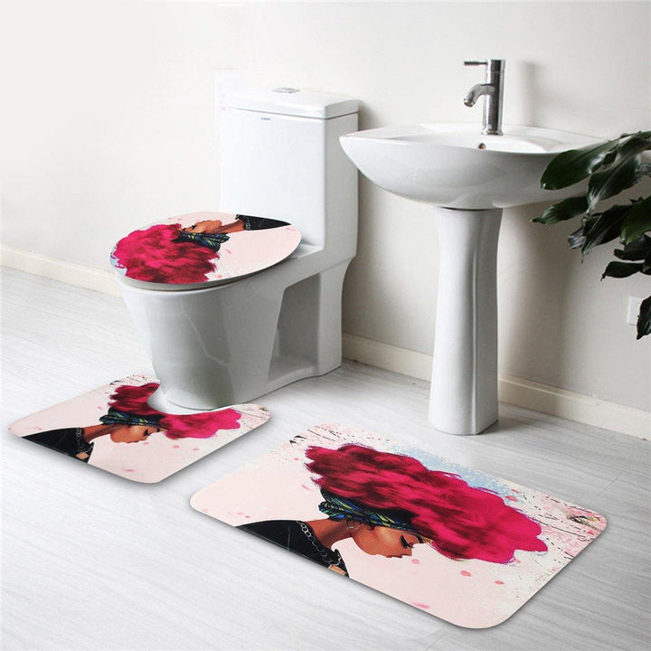 3PCS African Girl Explosion Head Non-Slip Bath Carpet Toilet Cover Shower Mat - MRSLM