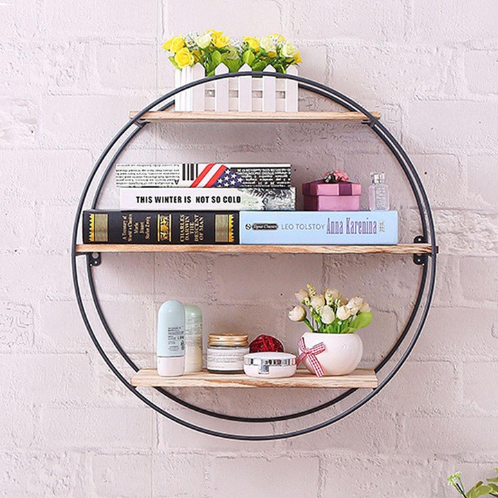 Retro Round Wood Iron Craft Wall Shelf Rack Storage Industrial Style Home Decorations - MRSLM