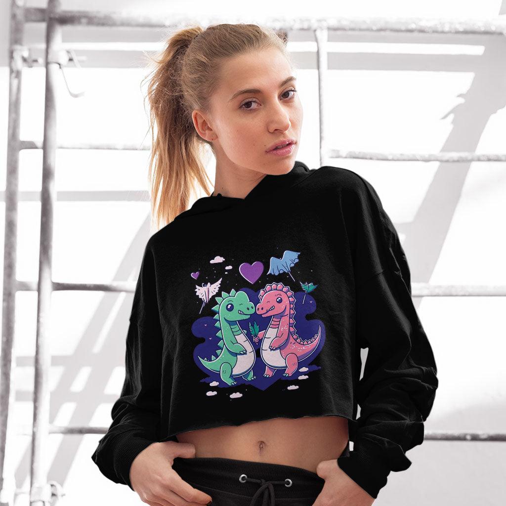 Dinosaur Graphic Women's Cropped Hoodie - Cartoon Cropped Hoodie - Themed Hooded Sweatshirt - MRSLM