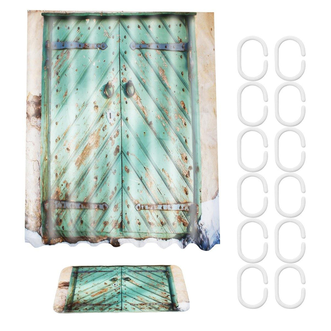 180cm x 180cm Rustic Wooden Barn Door Bathroom Waterproof Fabric Shower Curtain Flannel Bathroom Mat - MRSLM