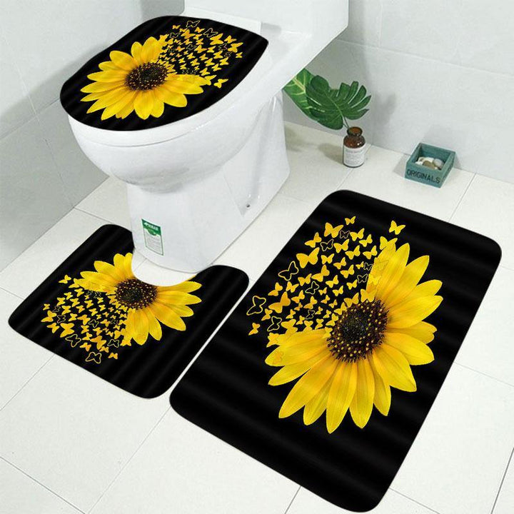 Sunflower Butterfly Print Waterproof Bathroom Shower Curtain Toilet Cover Carpet Toilet Mat Set Decor - MRSLM