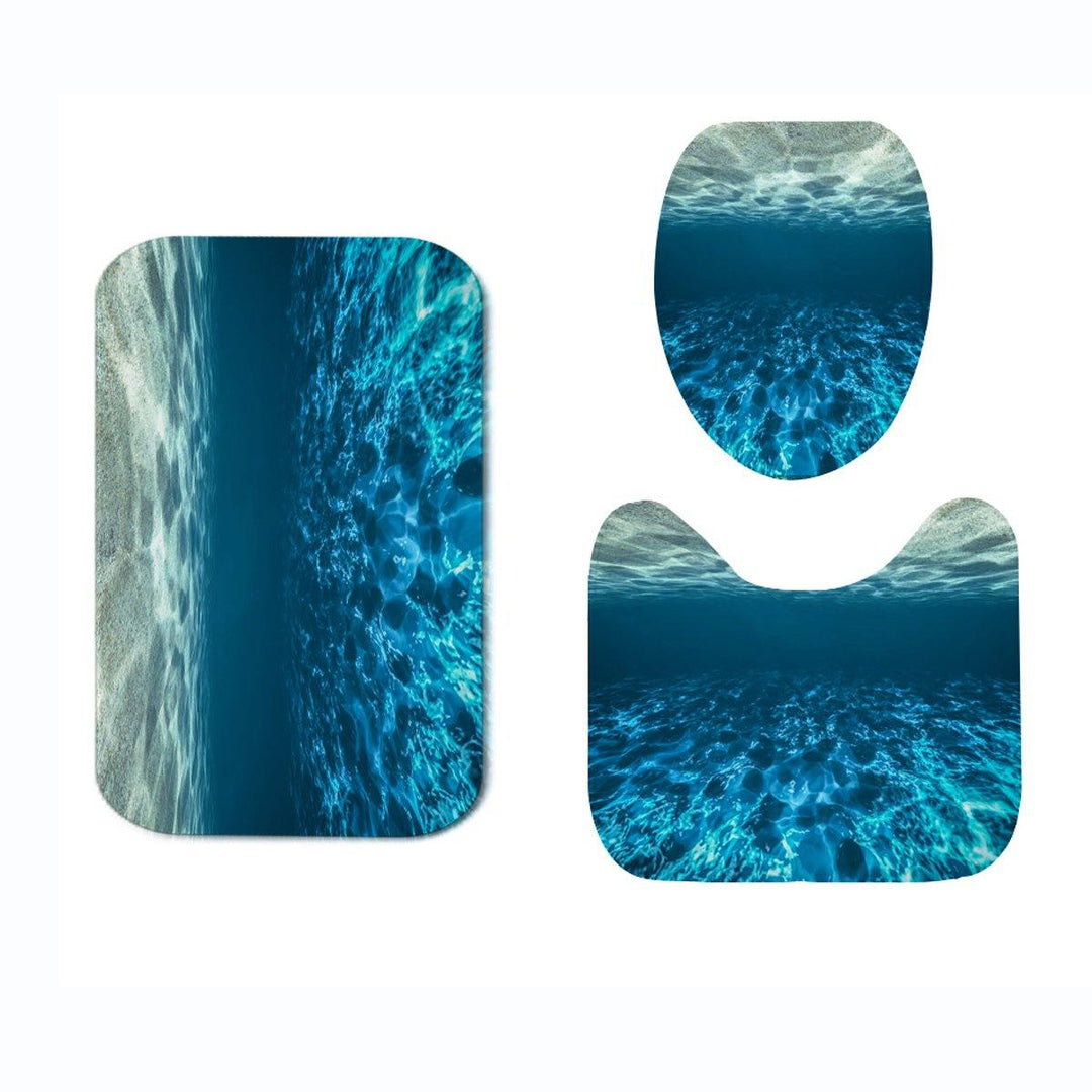 Blue Sea Ocean Style Bathroom Waterproof Shower Curtain Toilet Cover Mat Non-Slip Rugs Decor - MRSLM