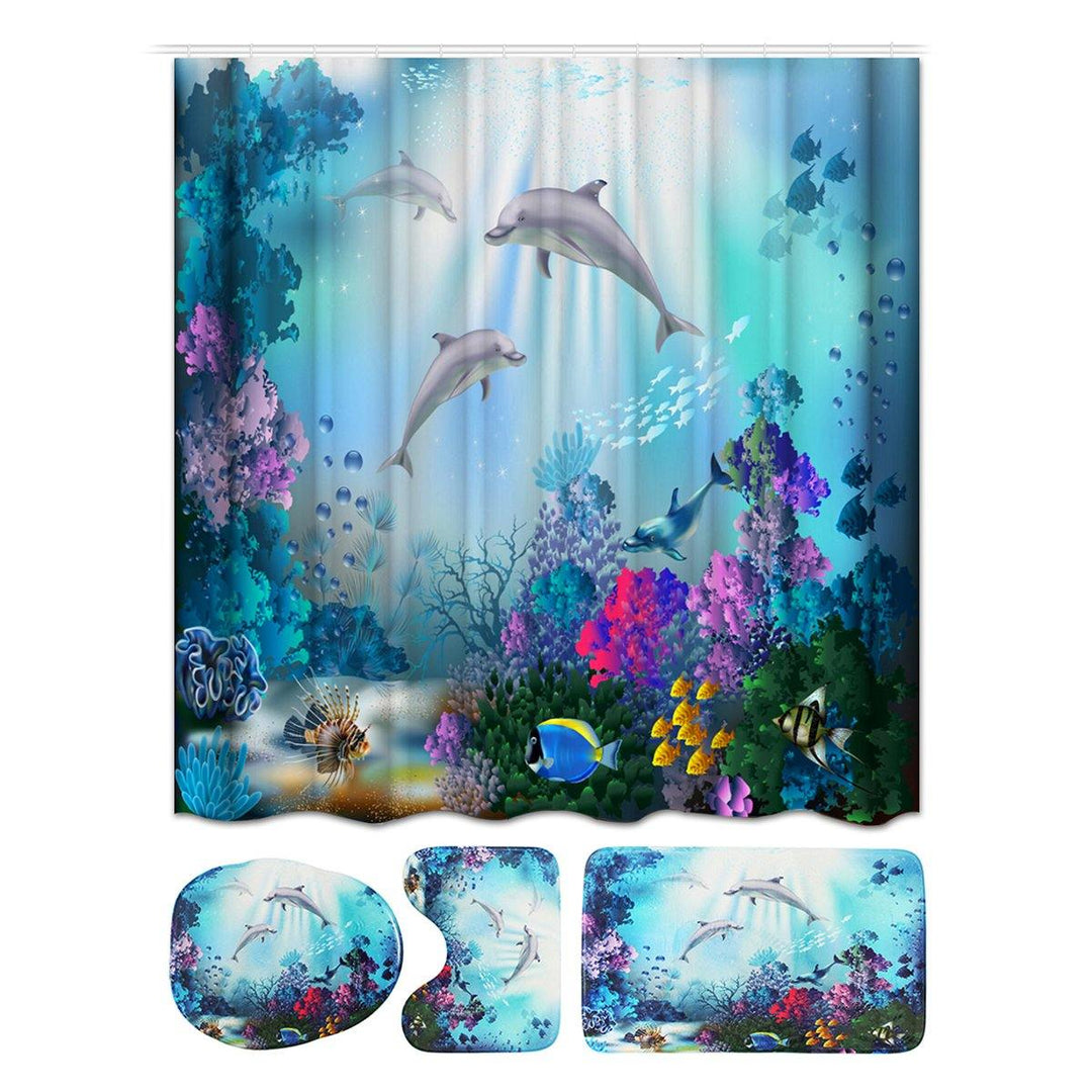 1/3/4 Pcs Sea Style Dolphin Waterproof Shower Curtain Set Toilet Cover Mat Bathroom Non-Slip Mat Pedestal Rug Kit - MRSLM