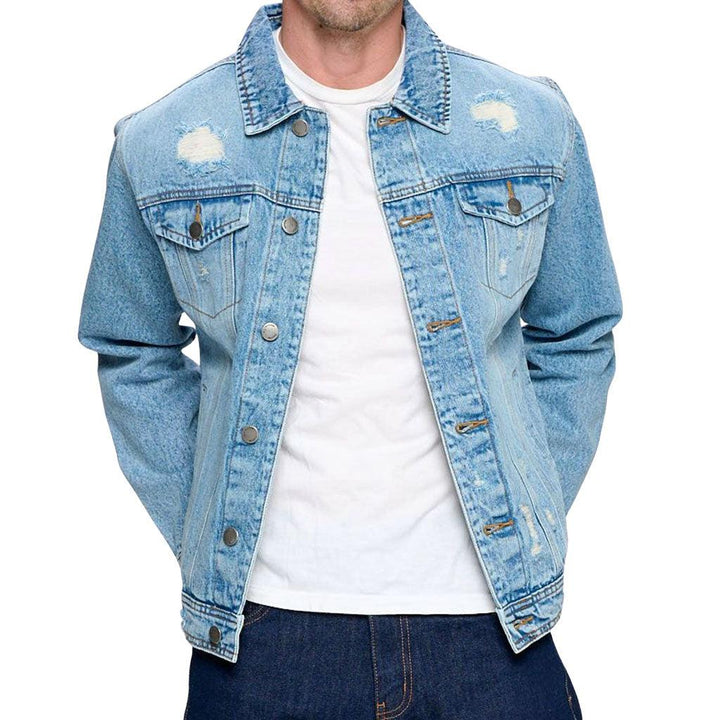 Fire Graphic Men's Distressed Denim Jacket - Cool Design Denim Jacket for Men - Illustration Denim Jacket - MRSLM