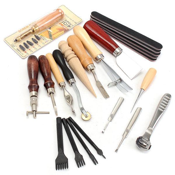 20pcs Wood Handle Leather Craft Tool Kit Leather Hand Sewing Tool Punch Cutter DIY Set - MRSLM