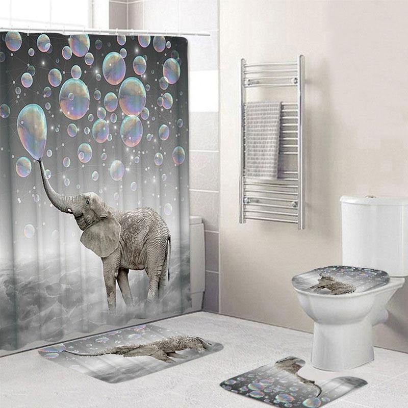 3D Printing Bubbles Elephant Waterproof Bathroom Shower Curtain Toilet Cover Mat Non-Slip Floor Mat Rug Set - MRSLM