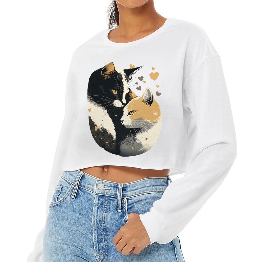 Cat Love Cropped Long Sleeve T-Shirt - Couple Style Women's T-Shirt - Printed Long Sleeve Tee - MRSLM