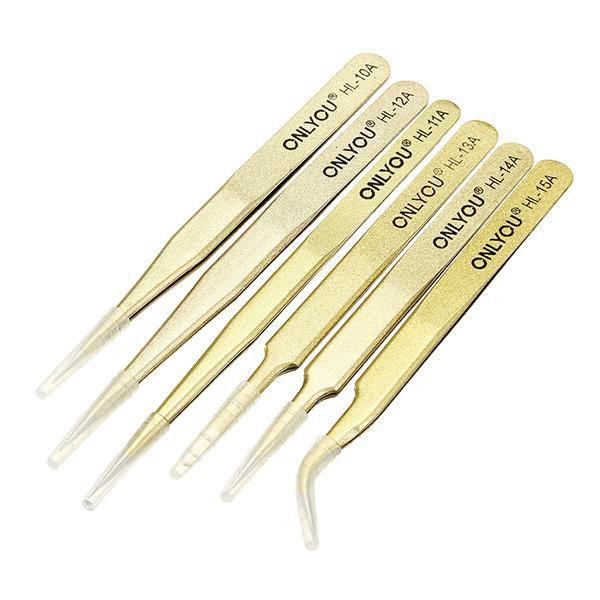 6Pcs BGA Precision Golden Sanding ESD Tweezers Set Stainless Steel Anti-static Tweezers Repair Tool - MRSLM