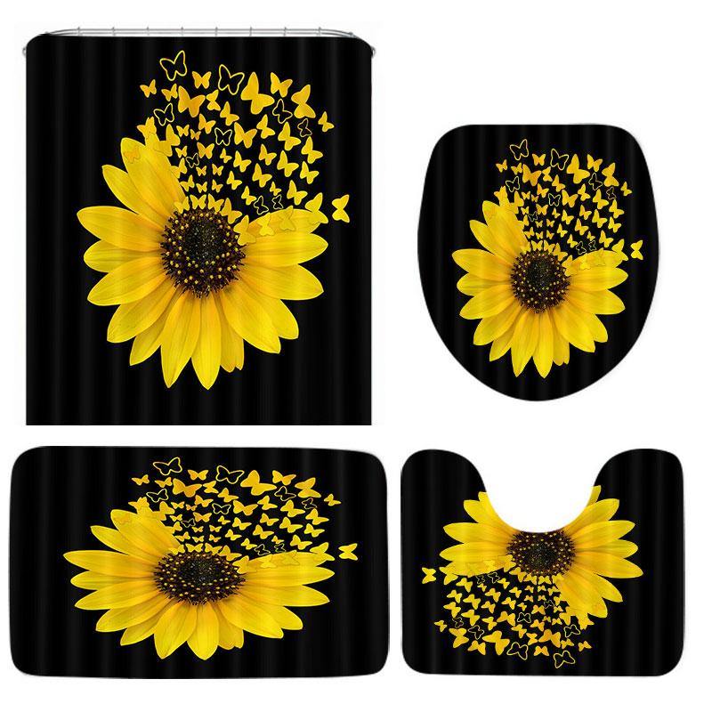 Sunflower Butterfly Print Waterproof Bathroom Shower Curtain Toilet Cover Carpet Toilet Mat Set Decor - MRSLM