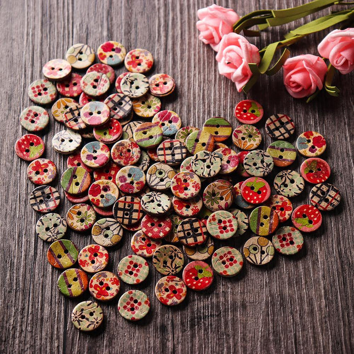 100 PCS Round Pattern Wooden Button Mixed 2 Hole Natural Sewing Children Handmade Clothes Buttons (1) - MRSLM