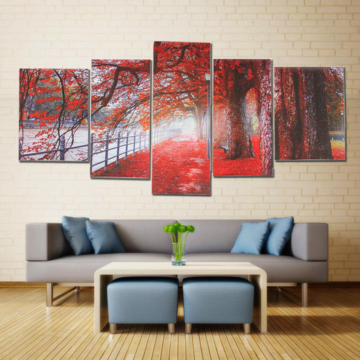 5Pcs Canvas Print Paintings Red Leaves Tree River Wall Decorative Print Art Pictures Frameless Wall Hanging Decorations for Home Office - MRSLM