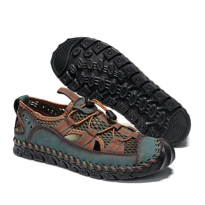 Men Cowhide Leather Hand Stitching Mesh Breathable Soft Bottom Casual Outdoor Sandals - MRSLM