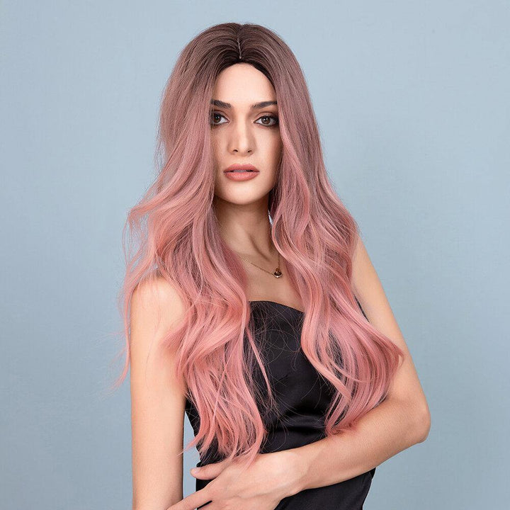 28 Inch Brown Gradient Pink Long Curly Hair Soft High Temperature Fiber Full Head Cover Wig - MRSLM