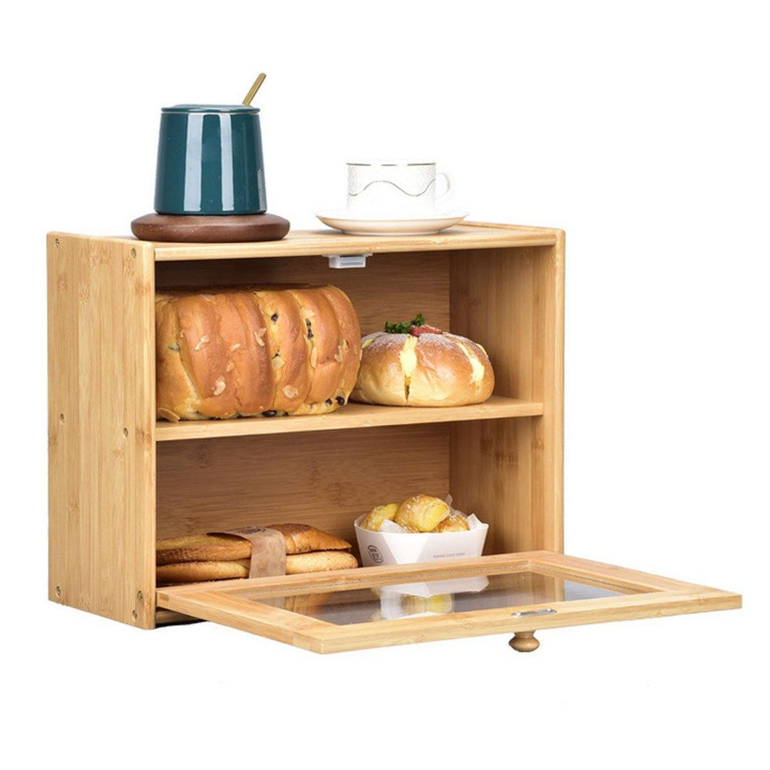 2 Tier Kitchen Wooden Bamboo Bread Bin Storage Crock Canister Large Bread Food Bins Cabinet - MRSLM