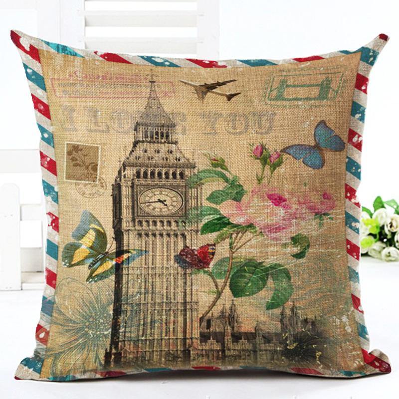 Honana 45x45cm Home Decoration Eiffel Tower Style Flowers Butterflies Pillow Case Cotton Linen Cushion Cover Home Sofa Car Decor - MRSLM