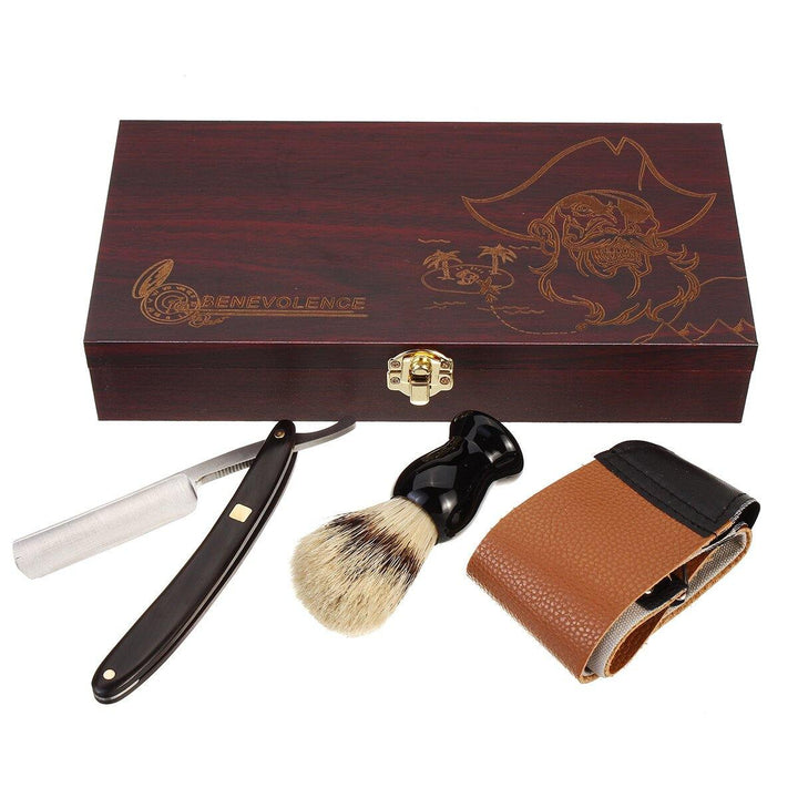 Barber Shaving Kit Set Straight Razor Shaving Brush Strop Wooden Box - MRSLM