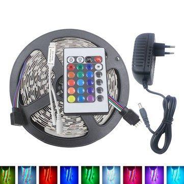 5M 3528 24W RGB 300 Non-Waterproof LED Flexible Strip Light 24 Keys IR Remote + Power Adapter DC12V - MRSLM